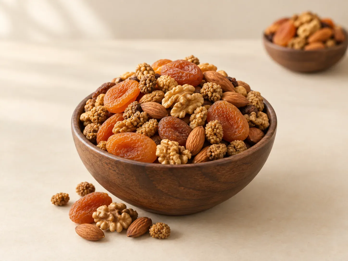 A wooden bowl heaped with dried apricots, walnut halves, almonds and mulberries.